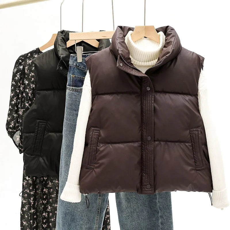 2024 New Autumn Winter Korean Loose Down Cotton Vest Women Short Stand Collar Sleeveless Jacket Coats Fashion Waistcoat Vests