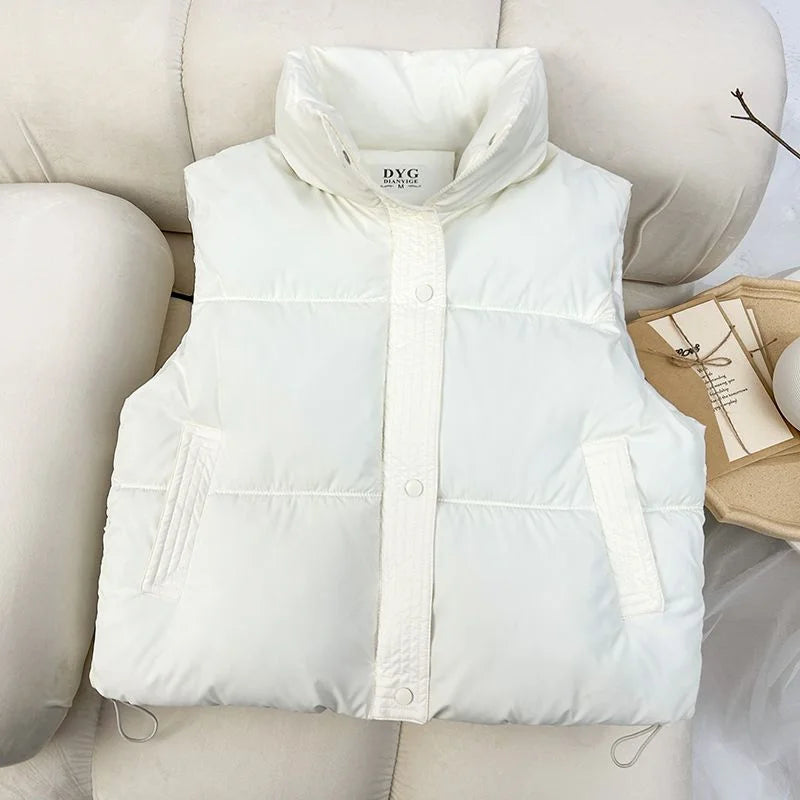 2024 New Autumn Winter Korean Loose Down Cotton Vest Women Short Stand Collar Sleeveless Jacket Coats Fashion Waistcoat Vests